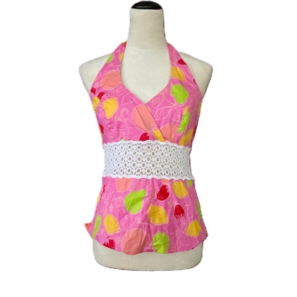 Vintage Lilly Pulitzer Citrus Print Halter Top Crochet Waist size 8